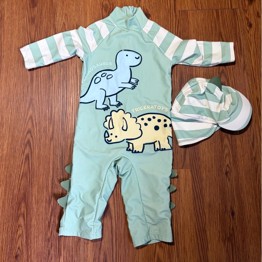 Primark Dinosaur Rash Guard Swim Suit and Hat Set Mint Green 24-36 Months